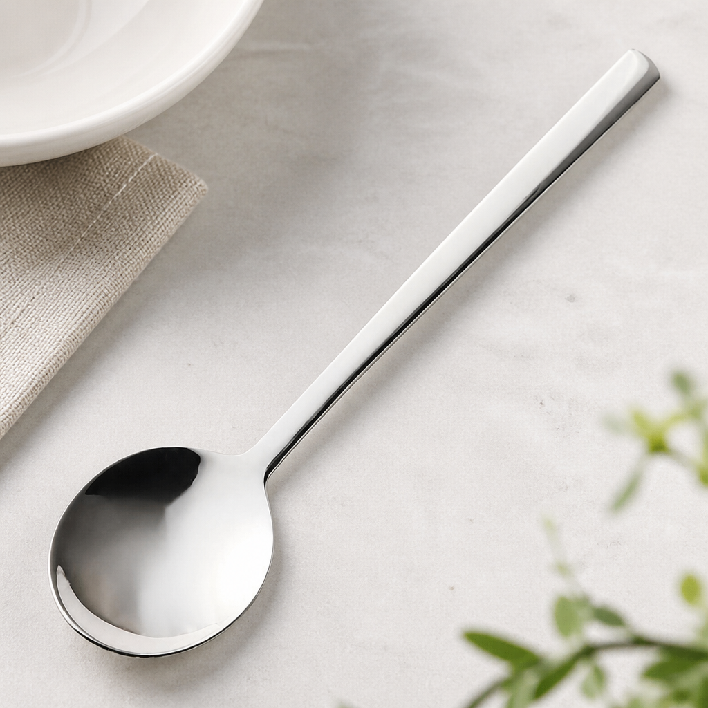 Linear stainless steel soup spoons 12 pack for catering