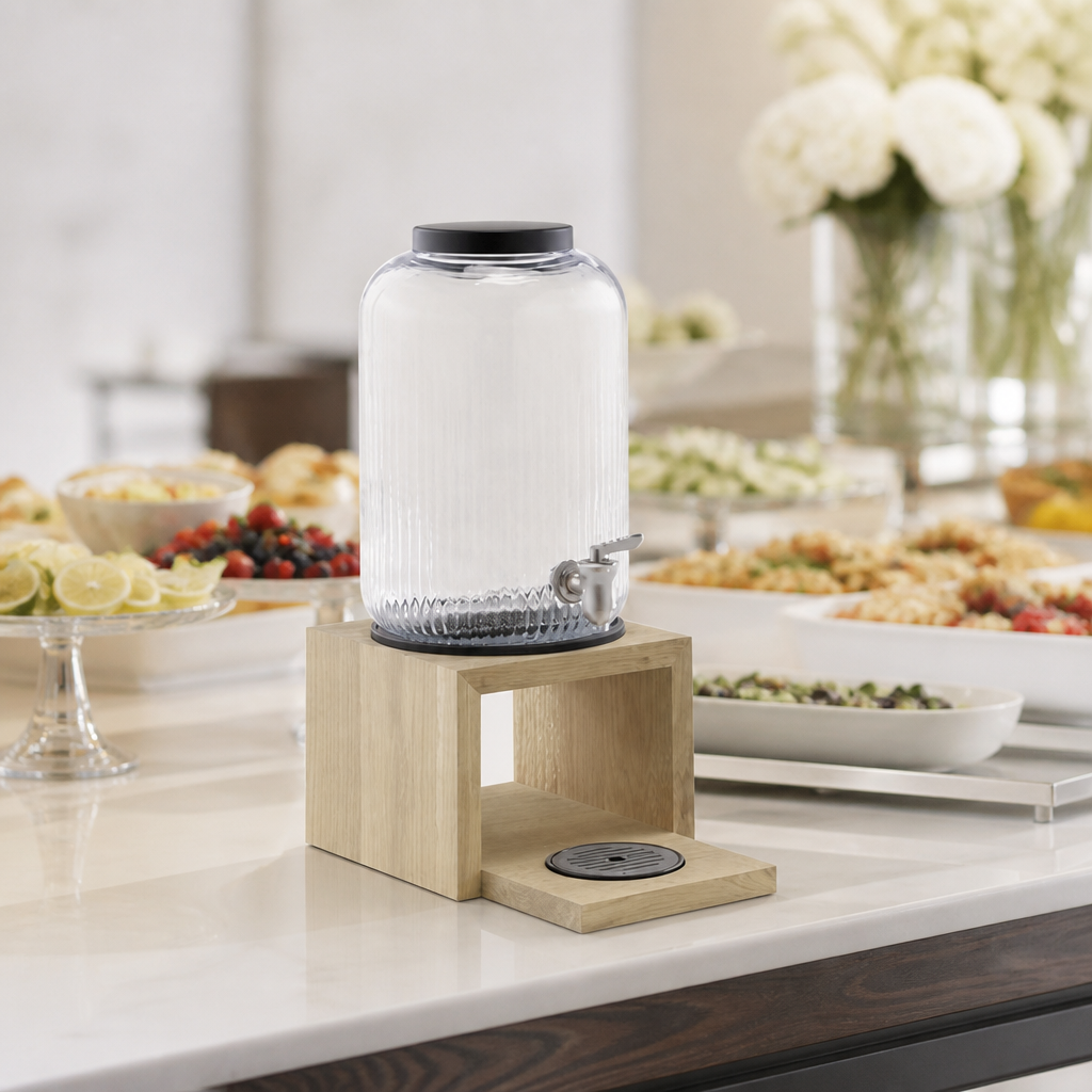 3.8L Commercial Beverage Dispenser with Oak Base and Glass Container