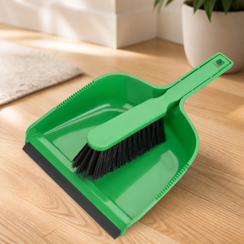 Green dustpan and brush set for quick commercial cleaning