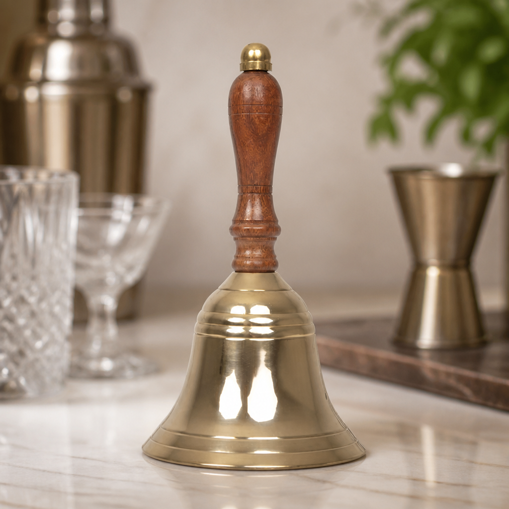Brass Service Bell with Wooden Handle for Pub and Cellar Use