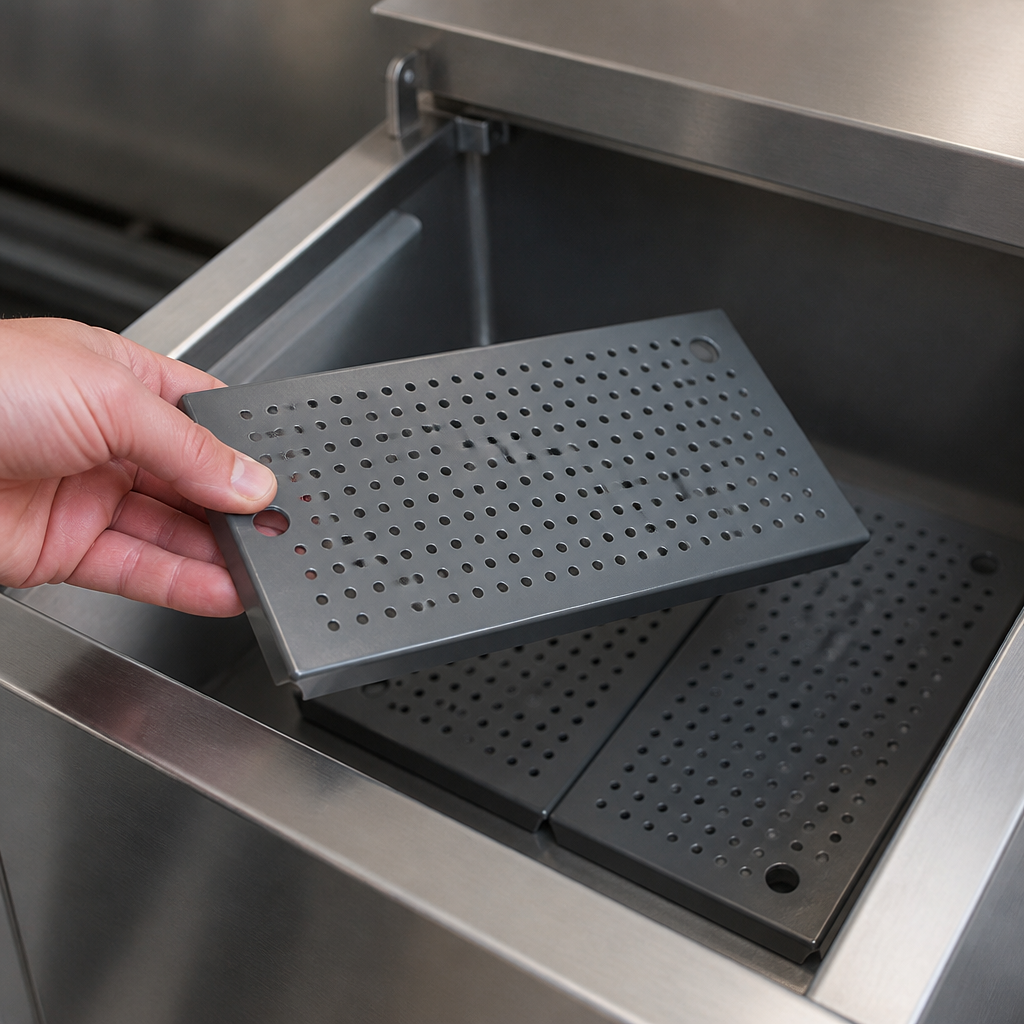 Set of three perforated trays for commercial bar ice well