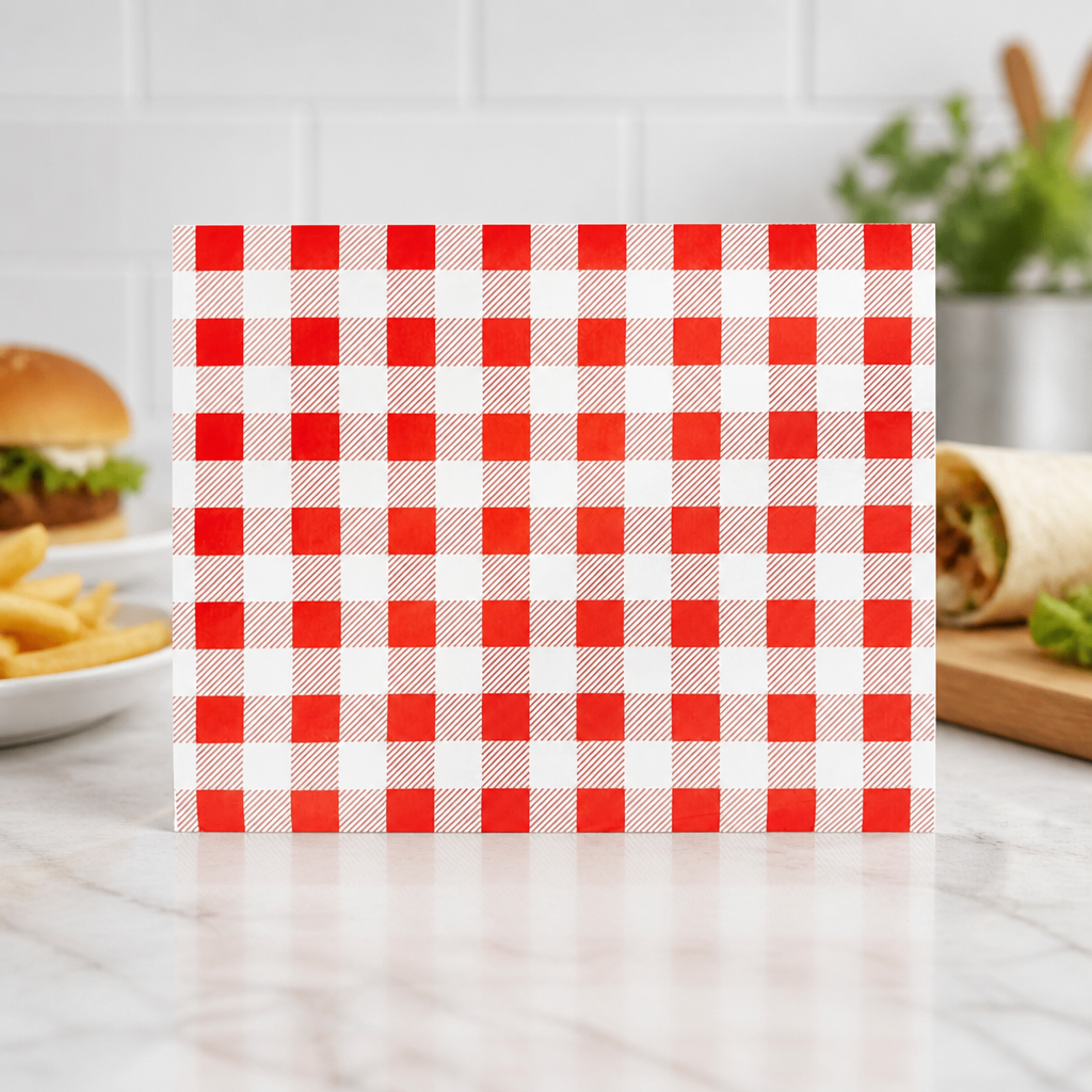 Compostable Red Gingham Greaseproof Paper Sheets 380x310mm 200 Pack