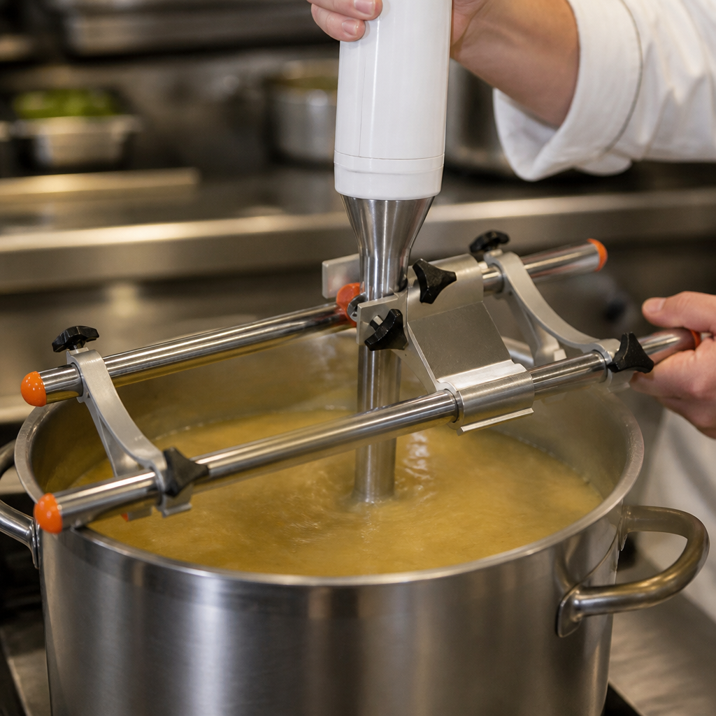 Adjustable stainless steel support bracket for stick blenders