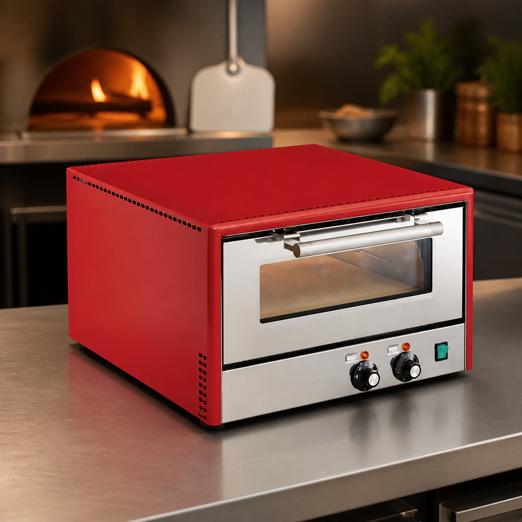 Single Deck Commercial Pizza Oven with Red Finish and Stone Base