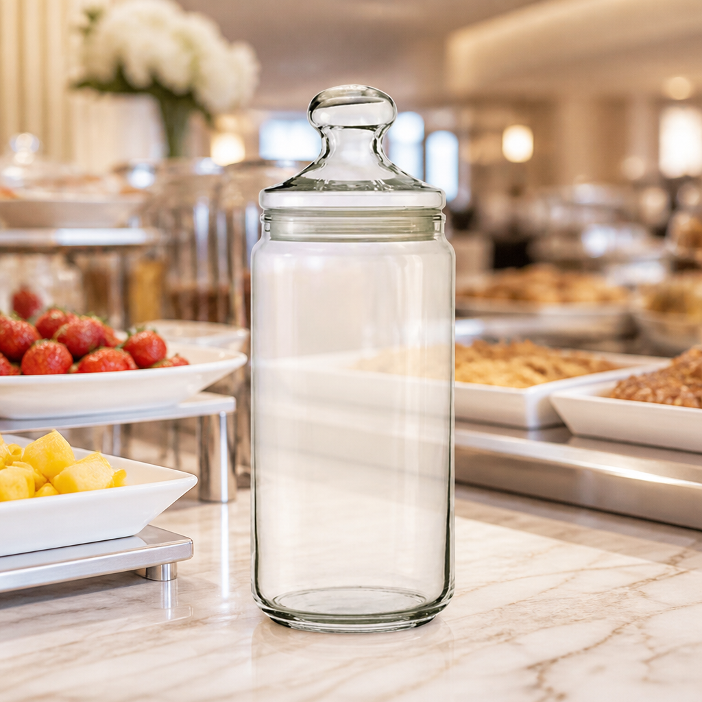Set of 6 clear glass biscotti jars 1.5L for commercial storage