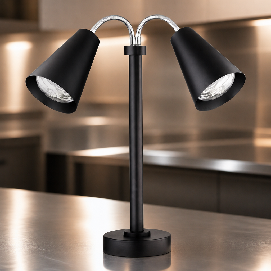 Commercial double heat lamp black fixed height display