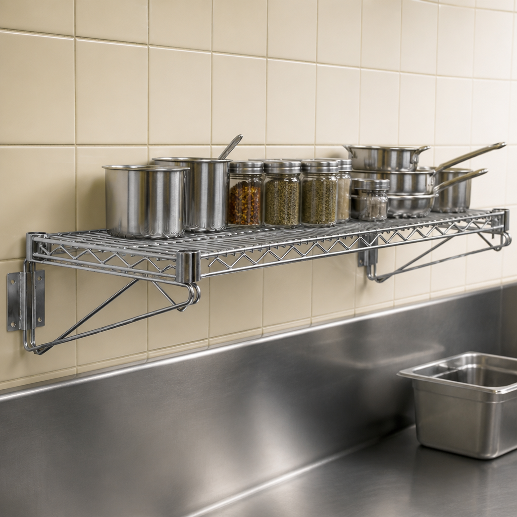 Commercial chrome-coated steel wall shelf 610mm capacity