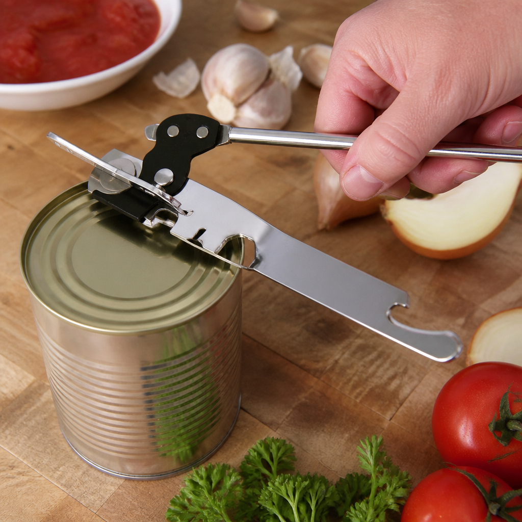 Commercial stainless steel can opener with bottle opener