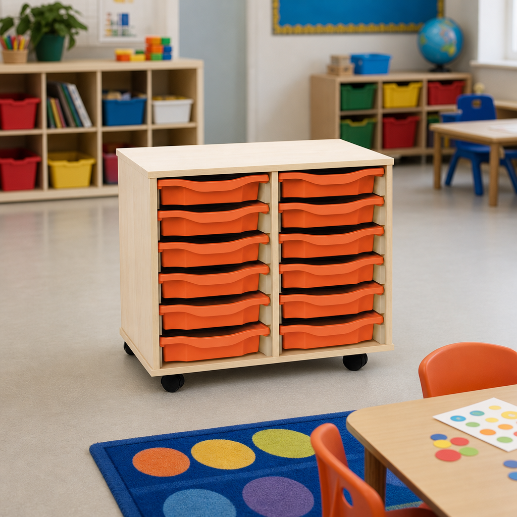 12-Tray Mobile Classroom Storage Unit with Shallow Trays