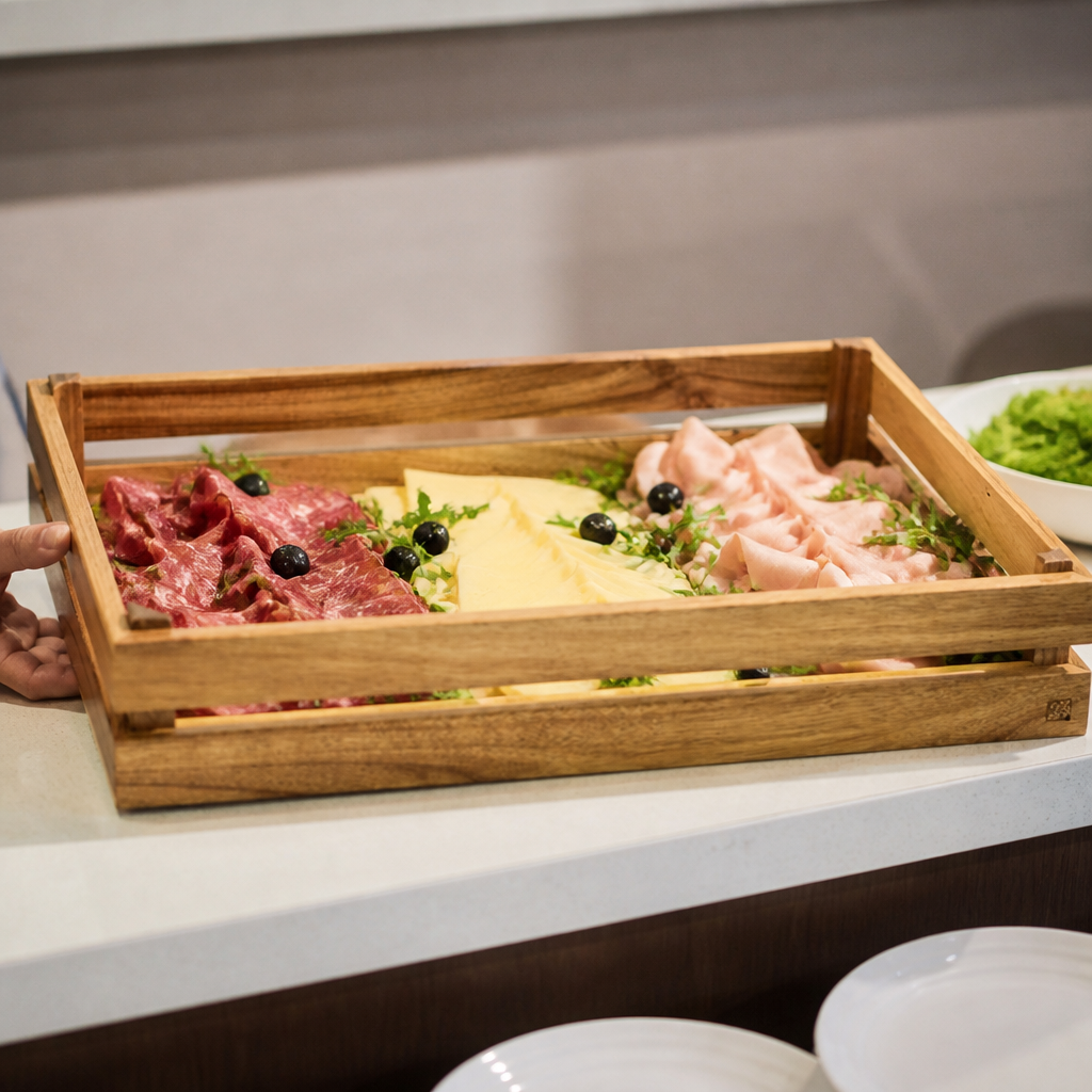 Commercial Acacia Wood Crate for Breakfast Display