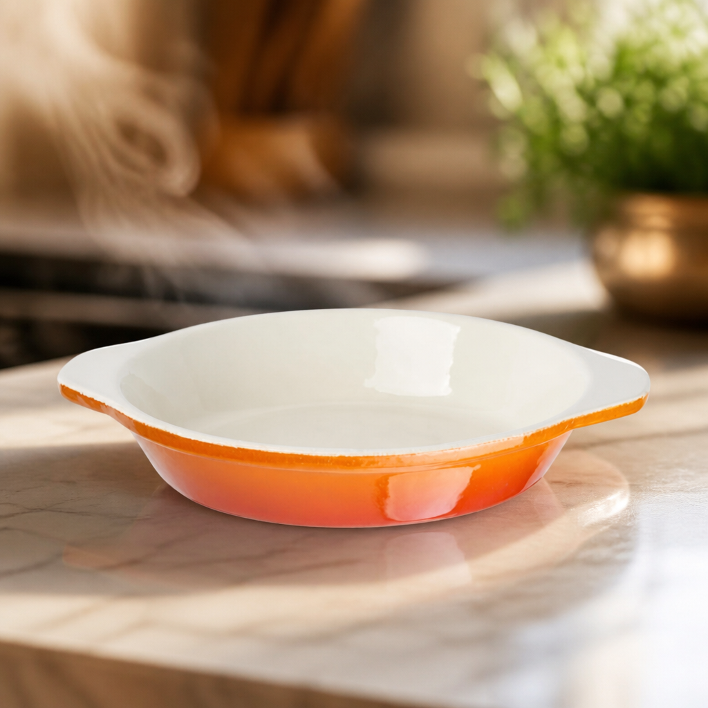 Commercial Round Cast Iron Gratin Dish 400ml Orange