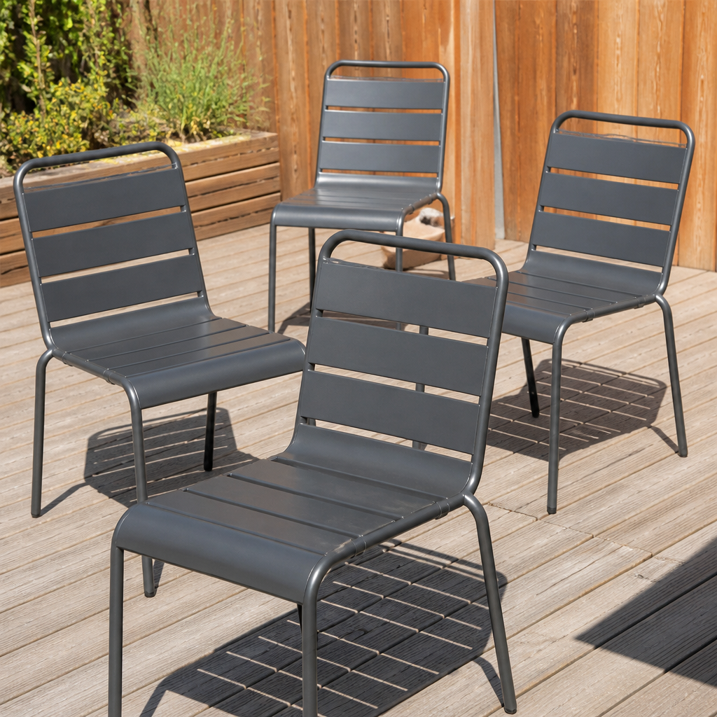 Commercial Outdoor Slatted Steel Side Chairs Grey 4 Pack