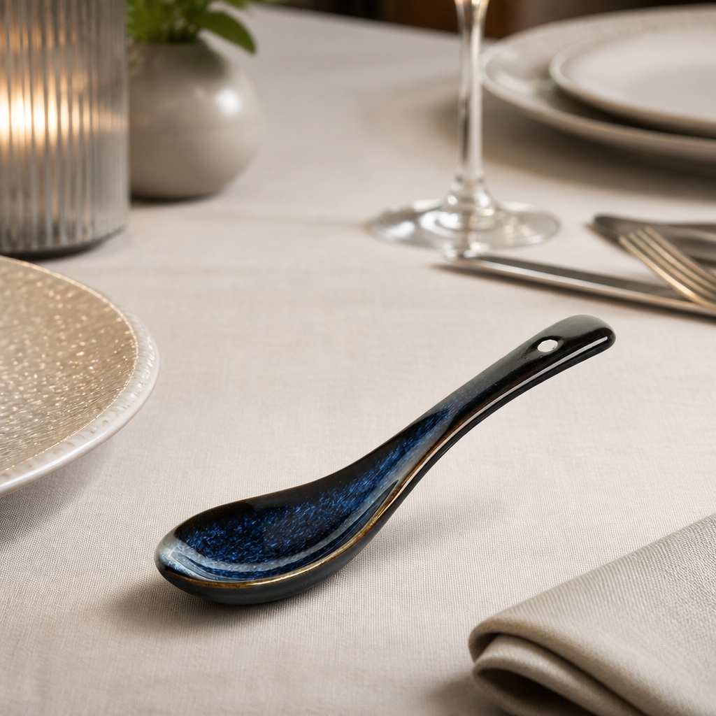 Set of 12 Commercial Stoneware Midnight Blue Soup Spoons