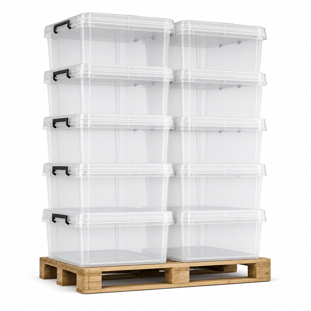 145 Litre Clear Plastic Storage Boxes Pallet Pack of 10