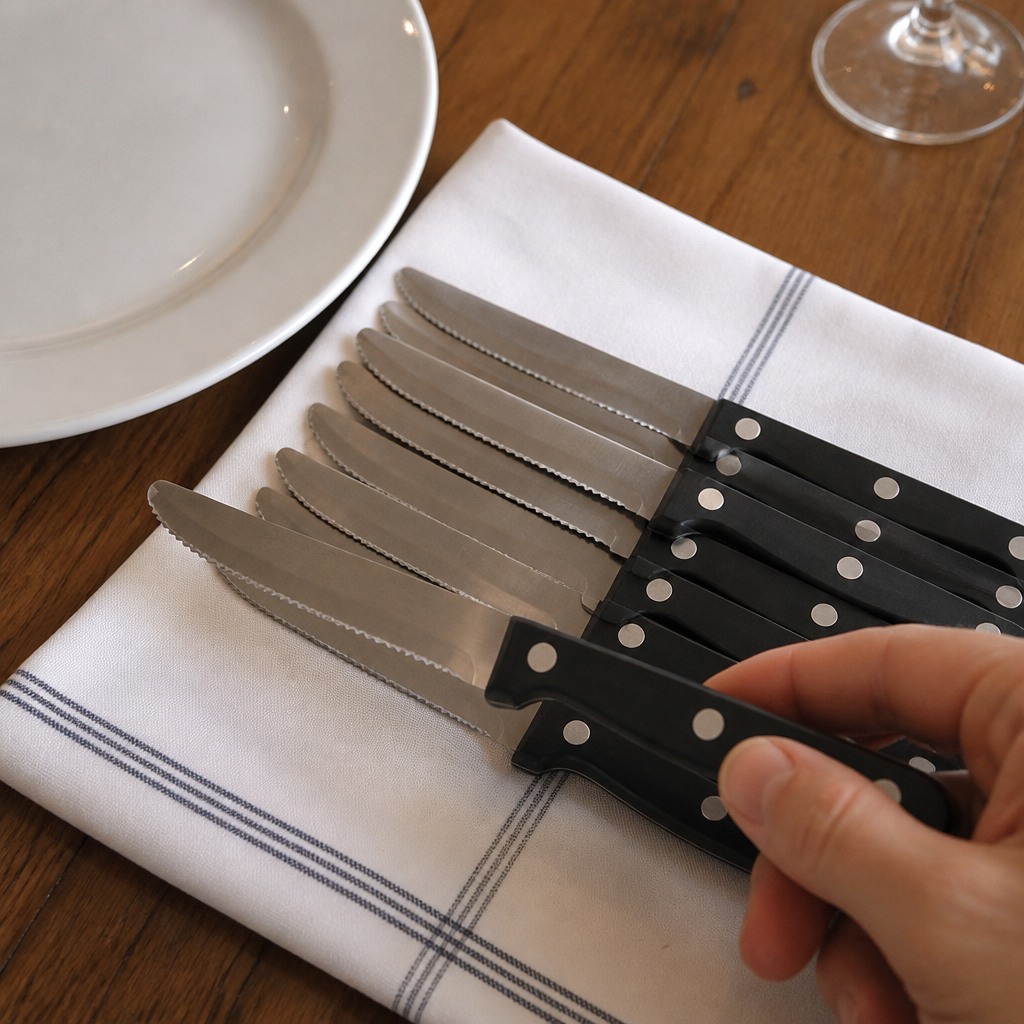 12 pack of commercial steak knives with black handles