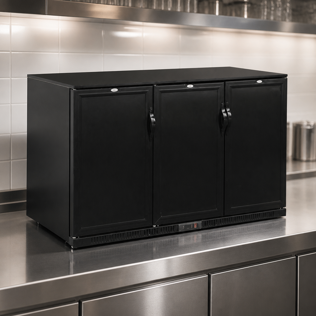 Commercial Back Bar Cooler 330Ltr with three solid doors