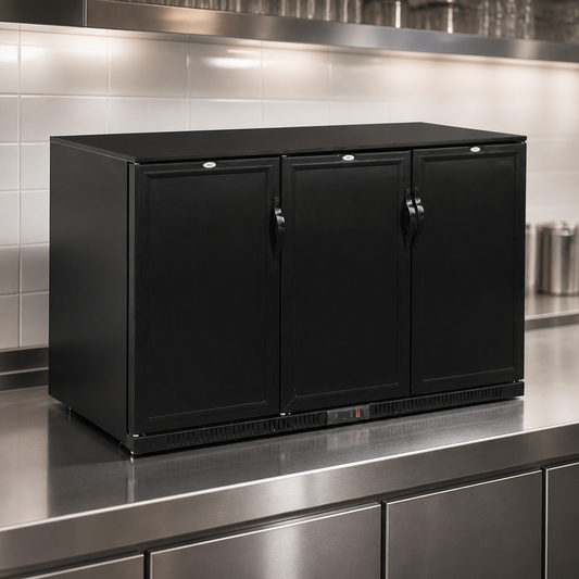 Commercial Back Bar Cooler 330Ltr Three Solid Doors 900mm