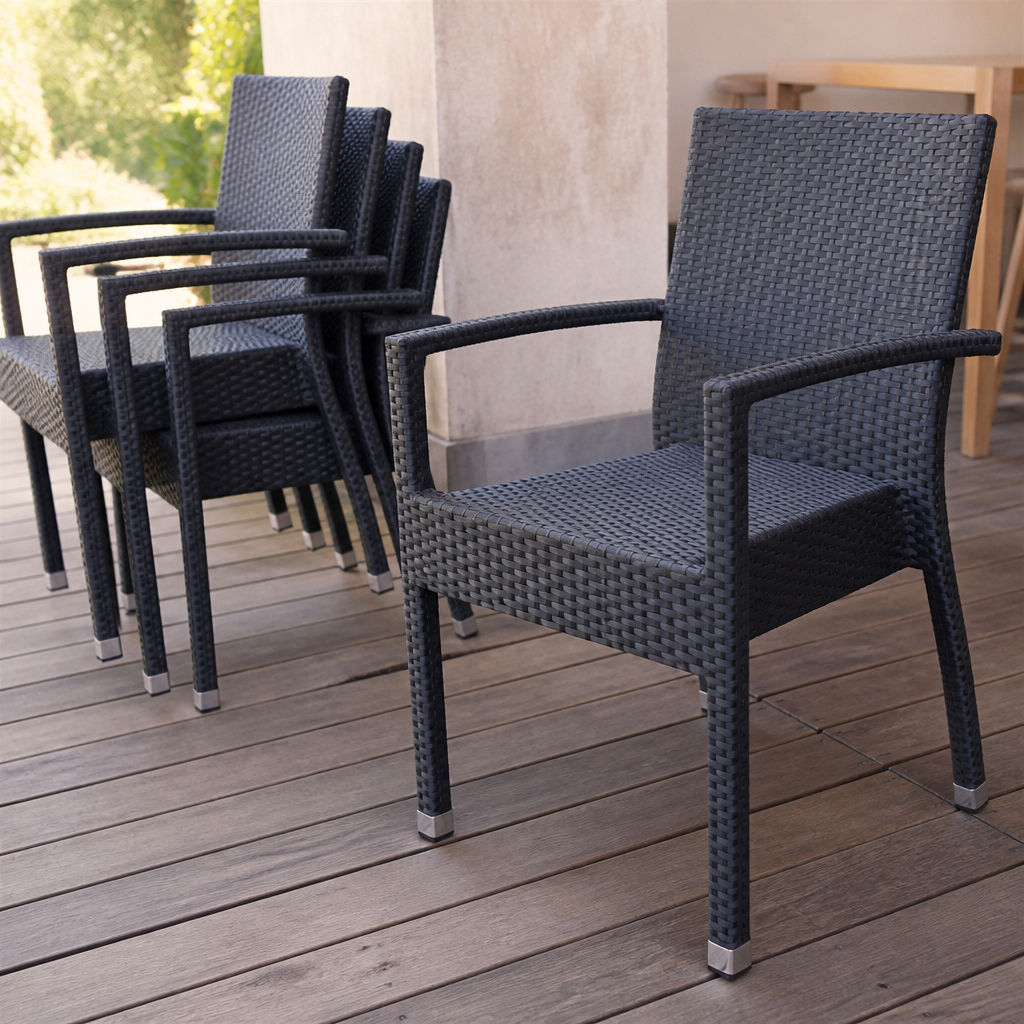 Commercial stackable PE wicker armchairs in charcoal, 4 pack