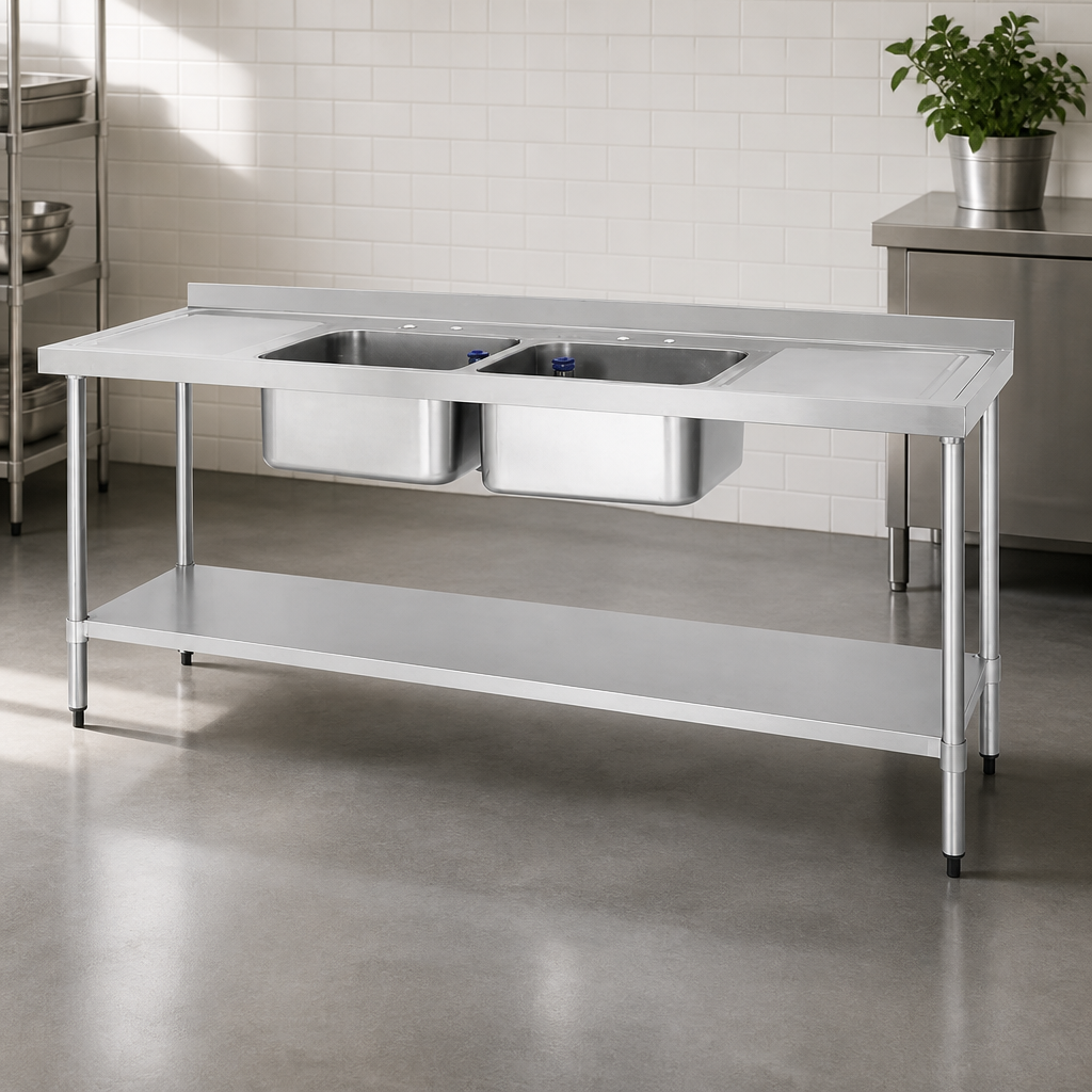 Commercial Double Sink with Double Drainer 2100mm Stainless Steel