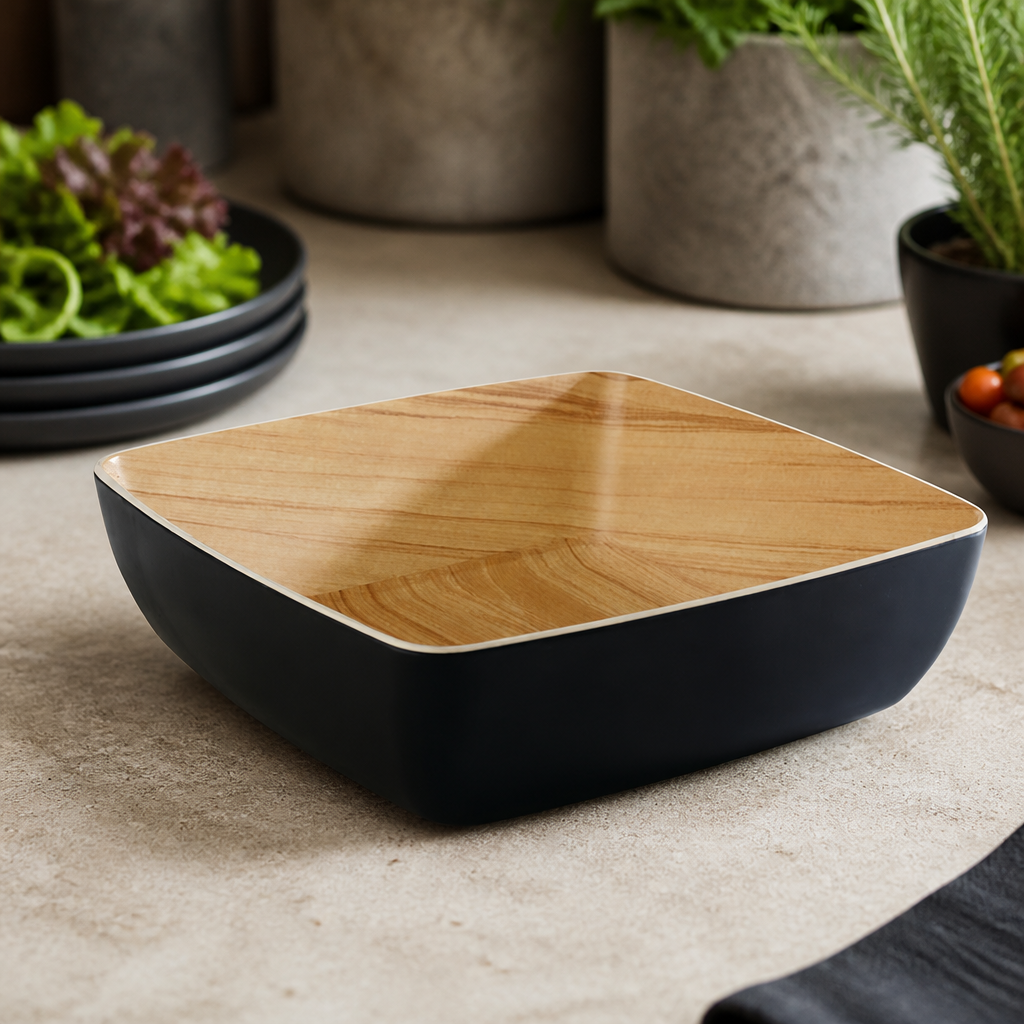250mm Black Commercial Serving Bowl with Wood-Effect Interior
