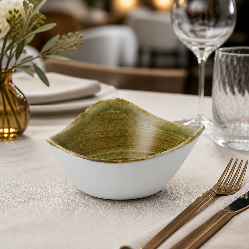 9oz Commercial Olive Triangle Bowls in Super Vitrified Porcelain