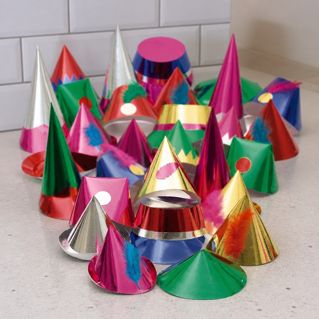 Disposable Adult Party Hats 72 Pack in assorted metallic shapes