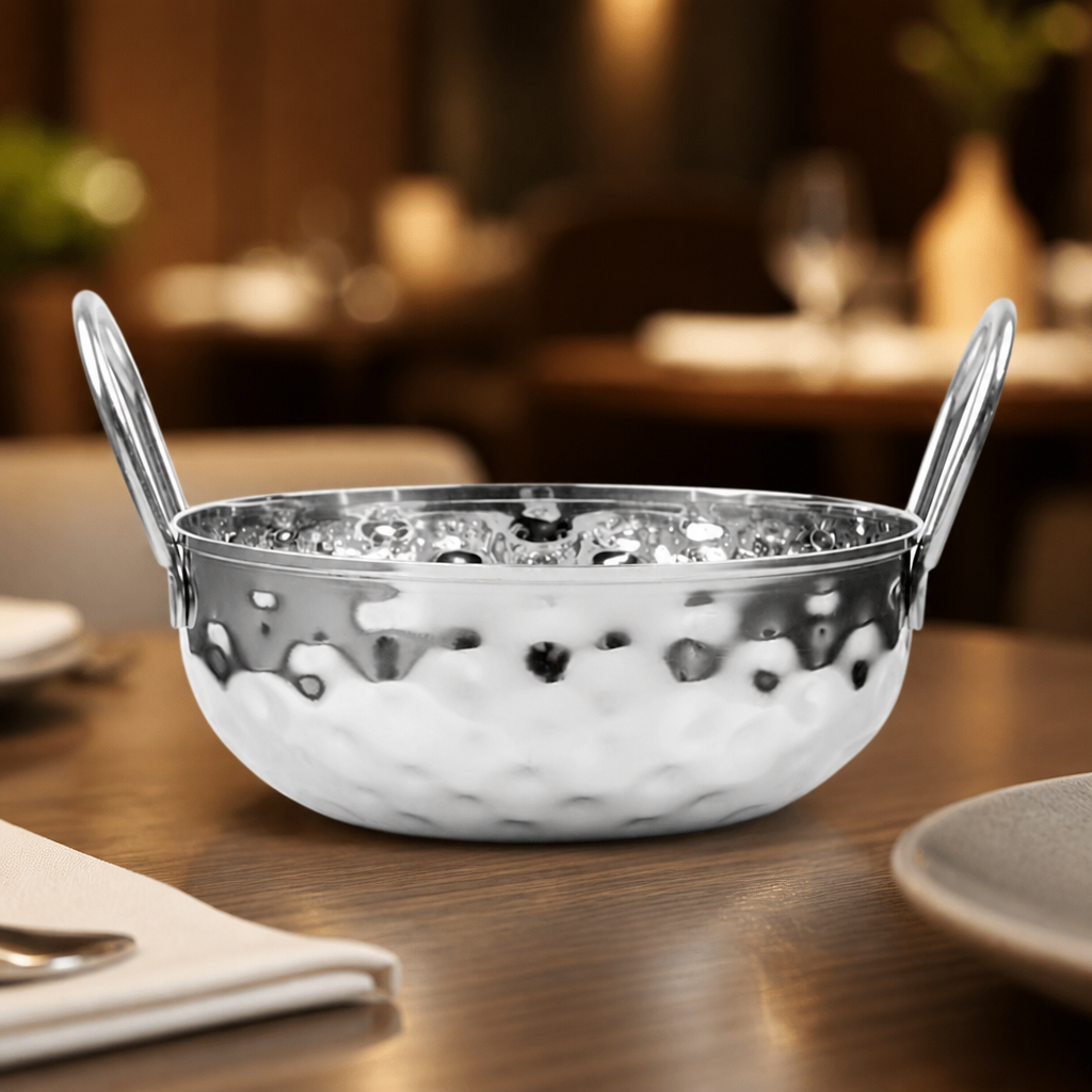 Hammered Kadai Dish Stainless Steel 150mm for table presentation