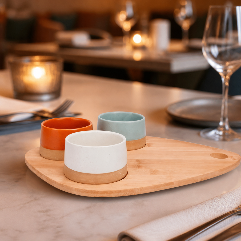 Commercial Wooden Tapas Serving Set with Ceramic Bowls