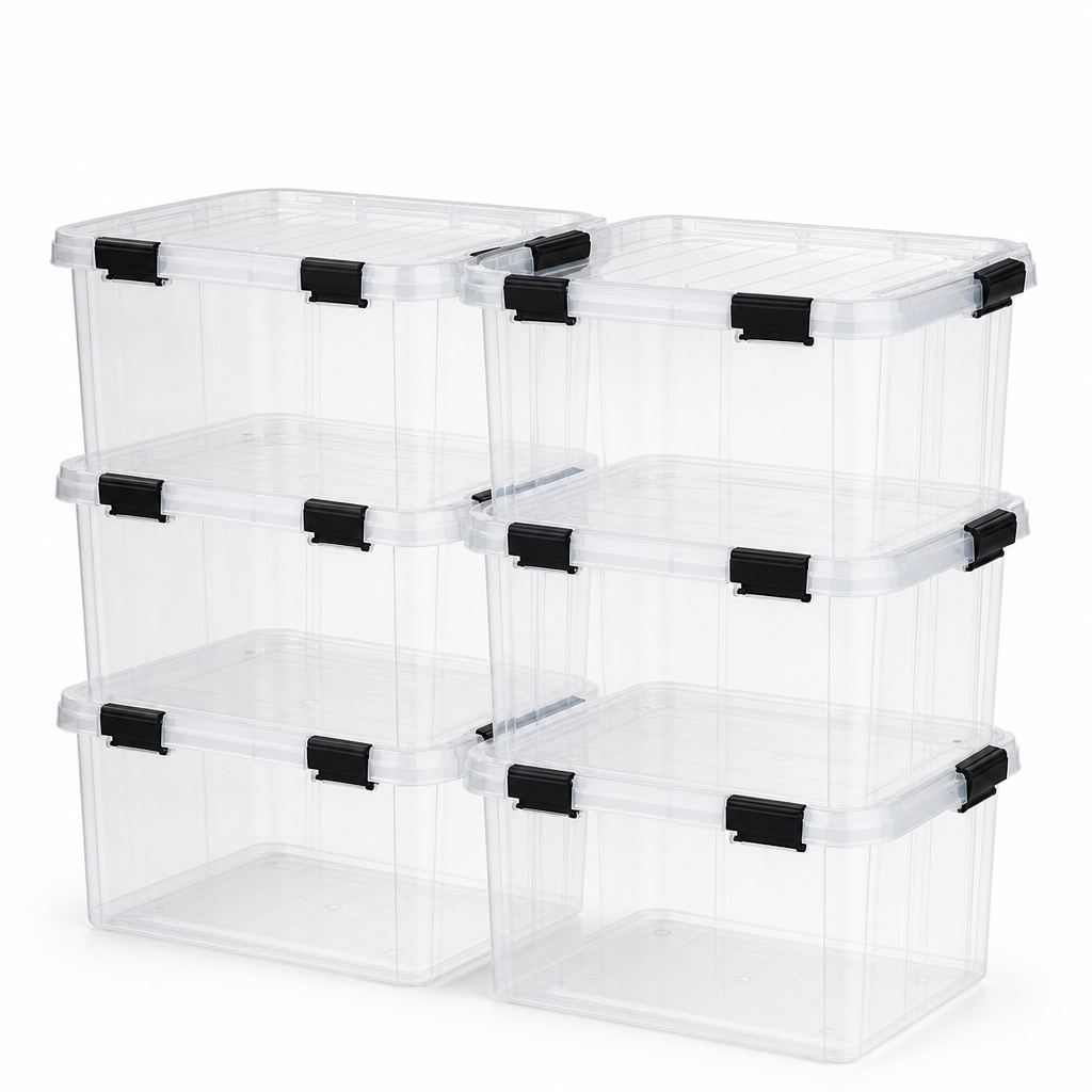 18 L Clear Plastic Clip Lock Storage Boxes Pack of 6
