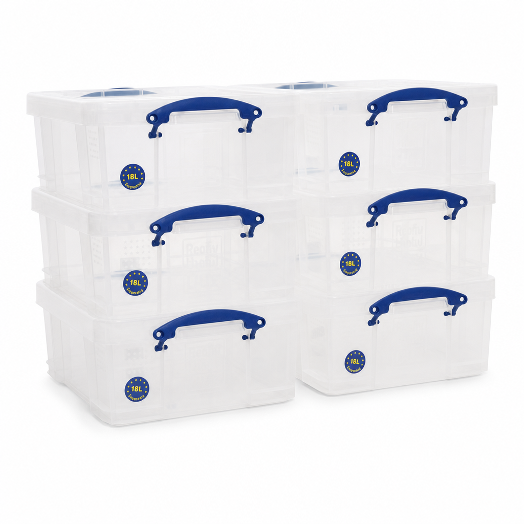 18 L Clear Plastic Clip Lock Storage Boxes Pack of 6