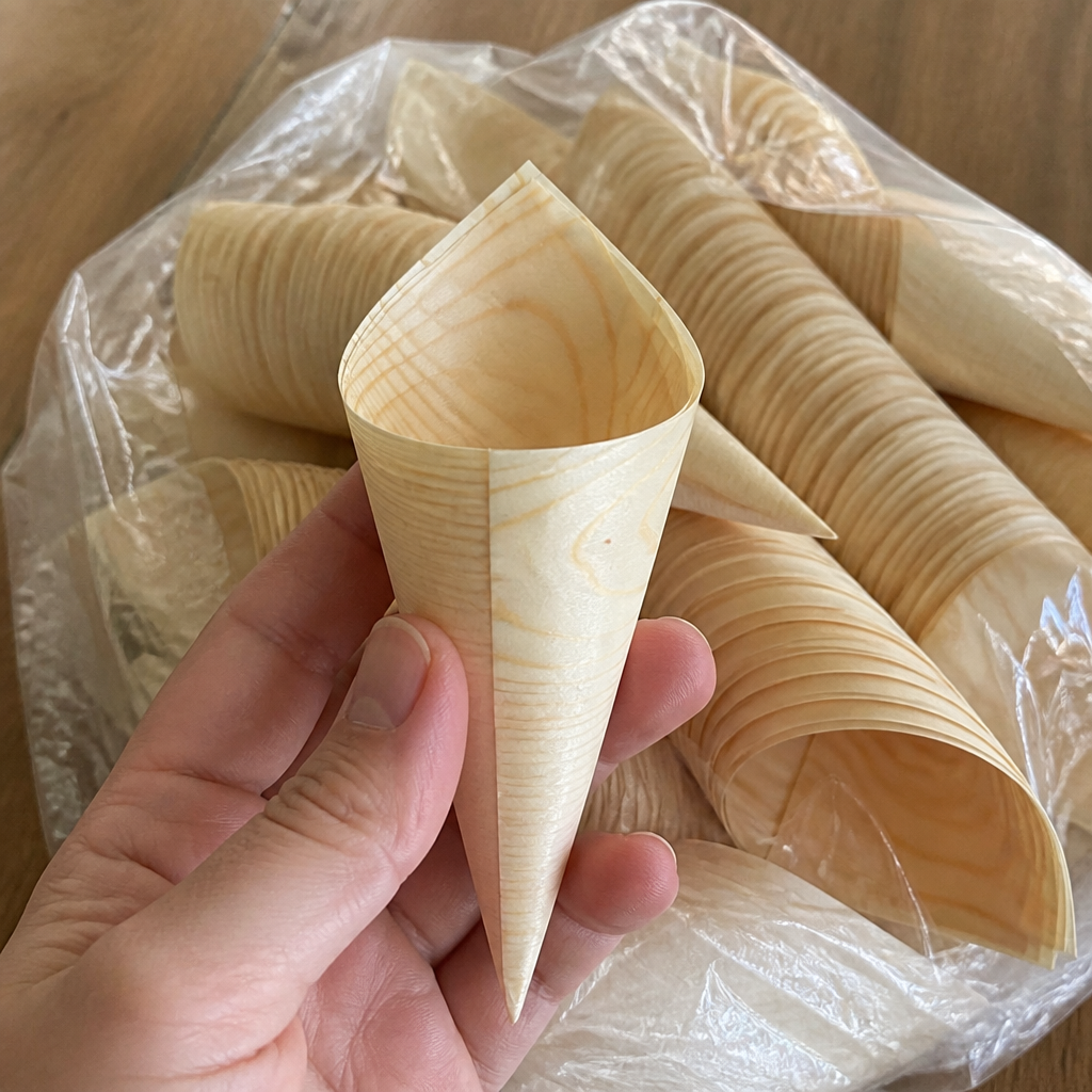 100 pack of 75mm compostable wooden canape cones