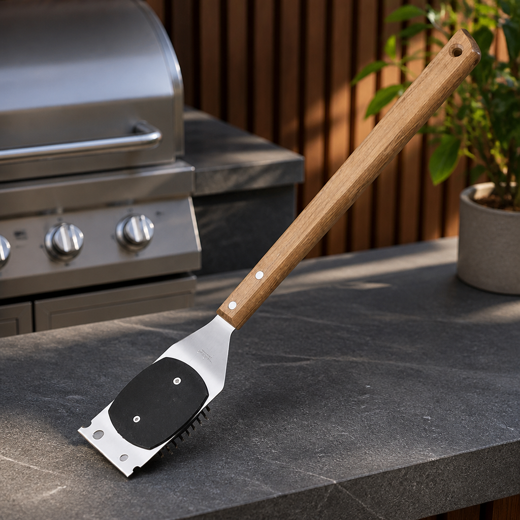 Commercial BBQ Grill Brush with Ergonomic Rosewood Handle