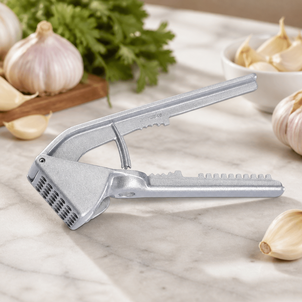 Commercial garlic press for crushing, pitting, and cracking nuts