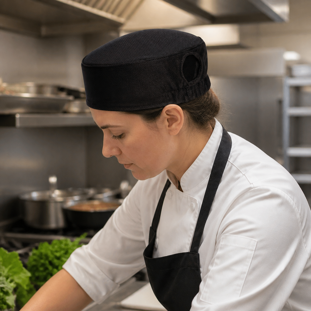 Ladies Black Chef Beanie with Cool Vent Fabric