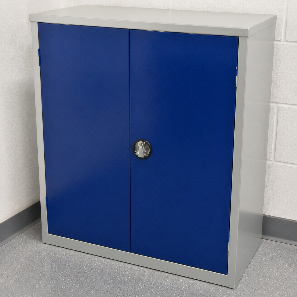 Commercial lockable cupboard with blue doors and 1 shelf