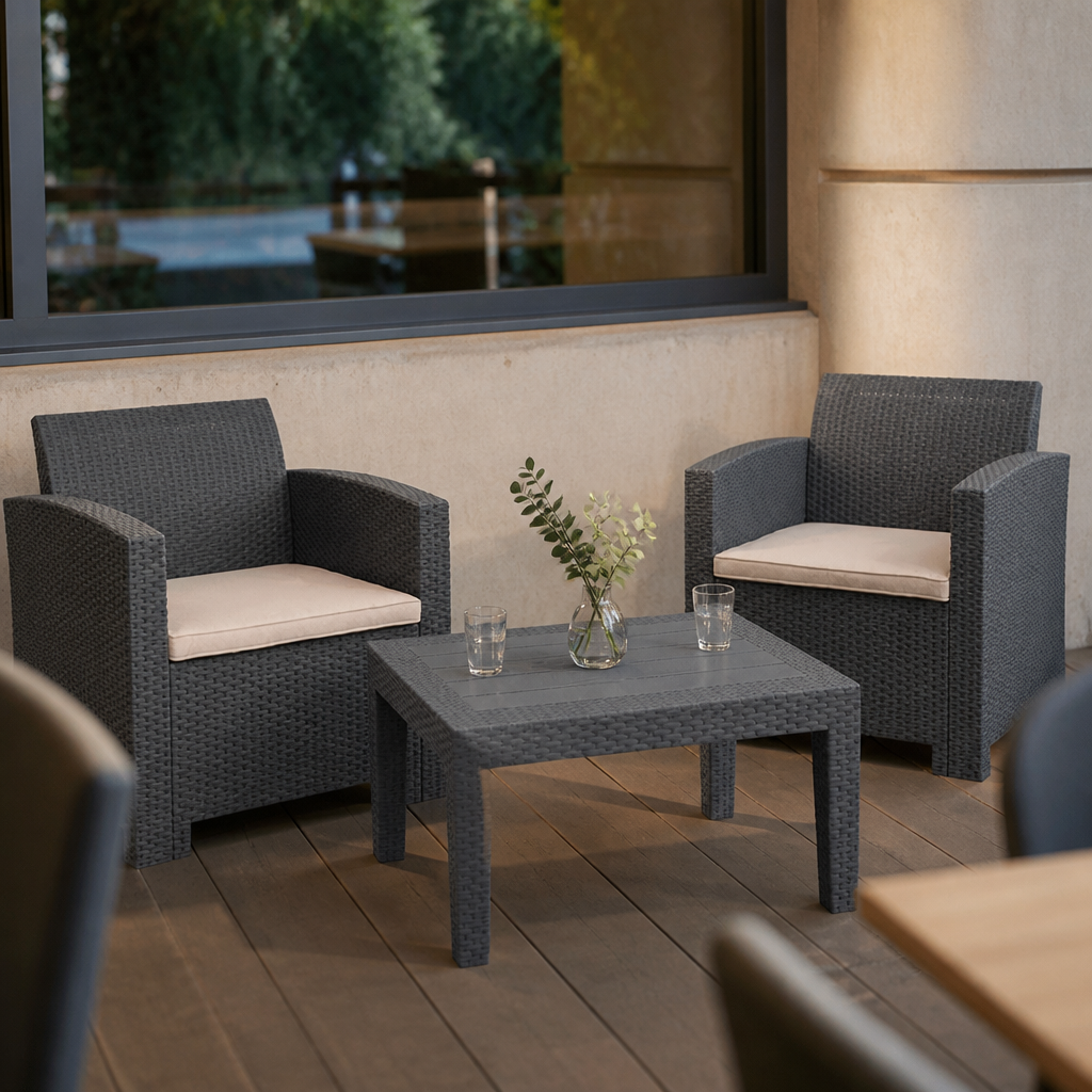 PP Armchair and Table Wicker Set in Grey