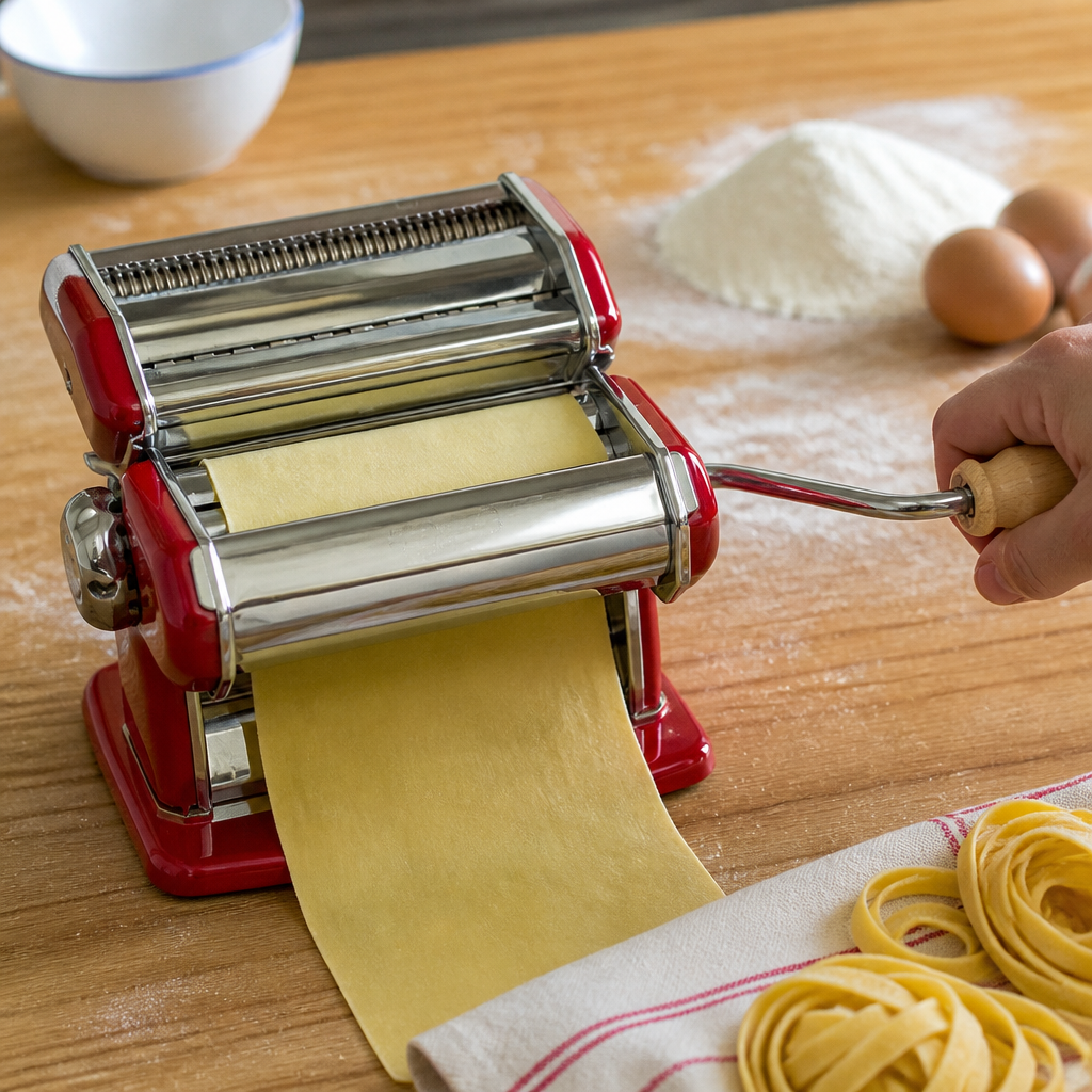 Commercial Manual Pasta Machine with Cutters in red finish