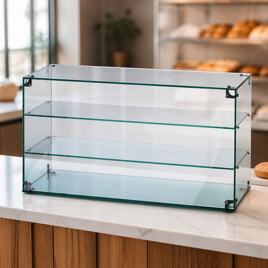 Ambient glass display cabinet for restaurants and retail use