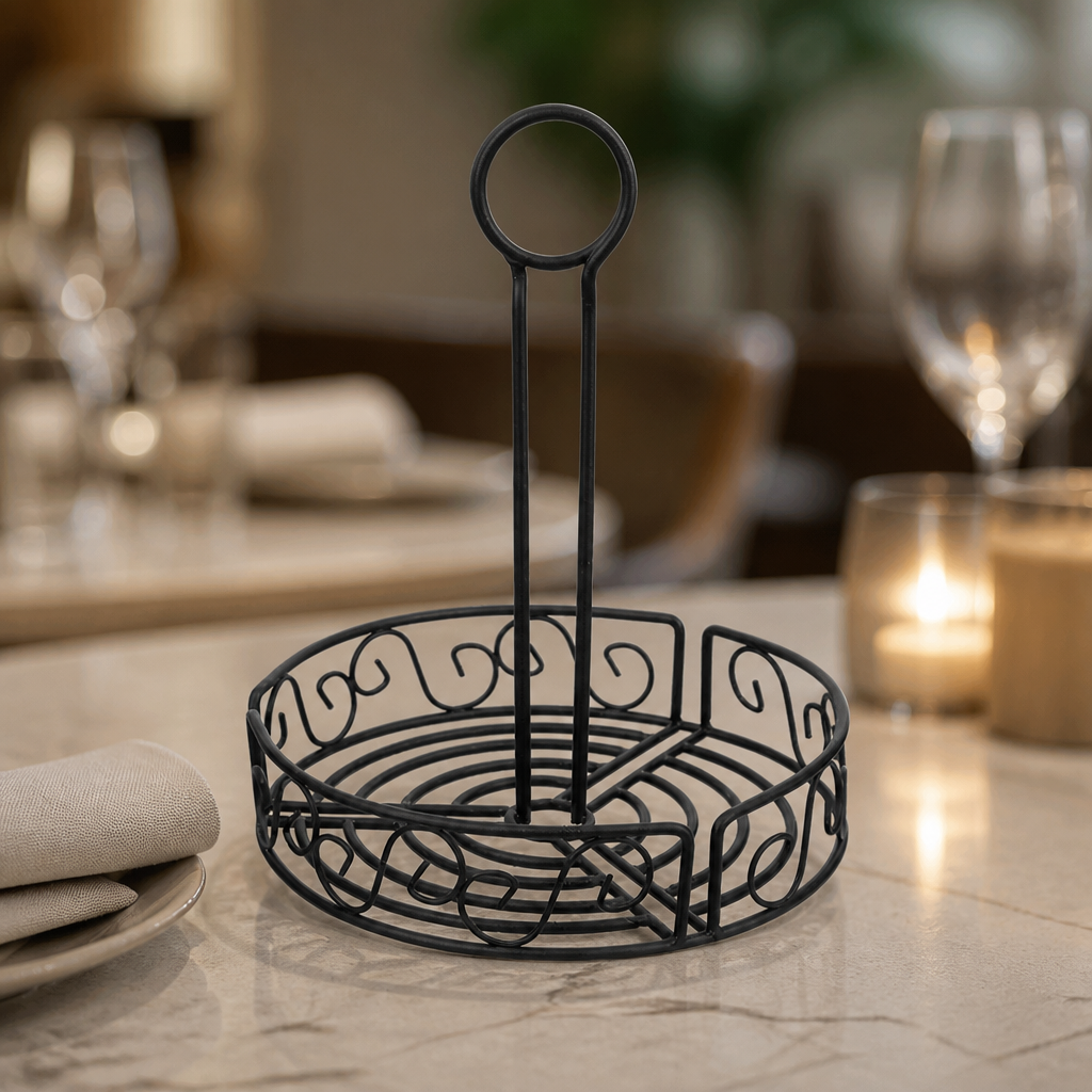 Commercial wire condiment holder with handle for restaurants