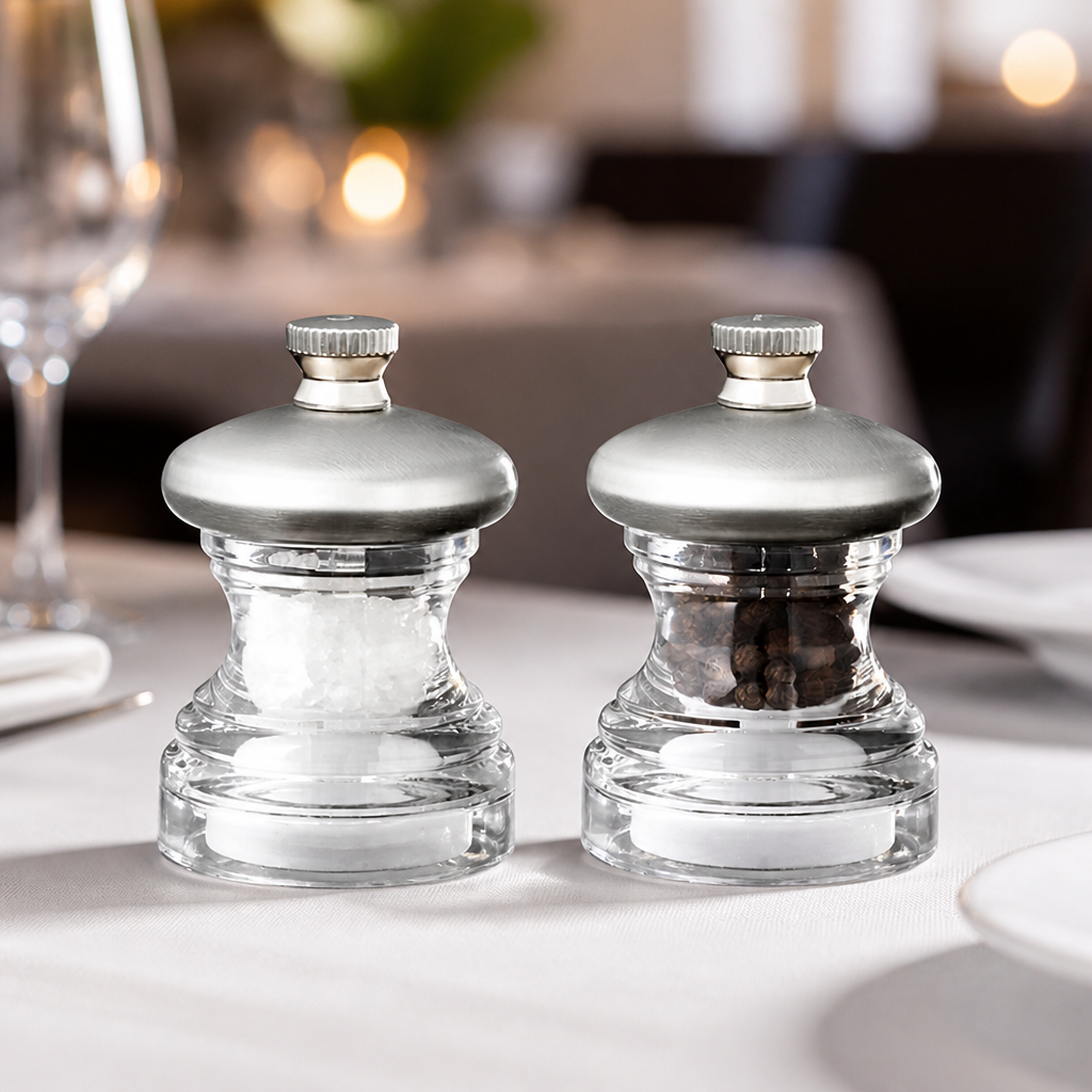 Salt and pepper mill set with adjustable grind and compact design