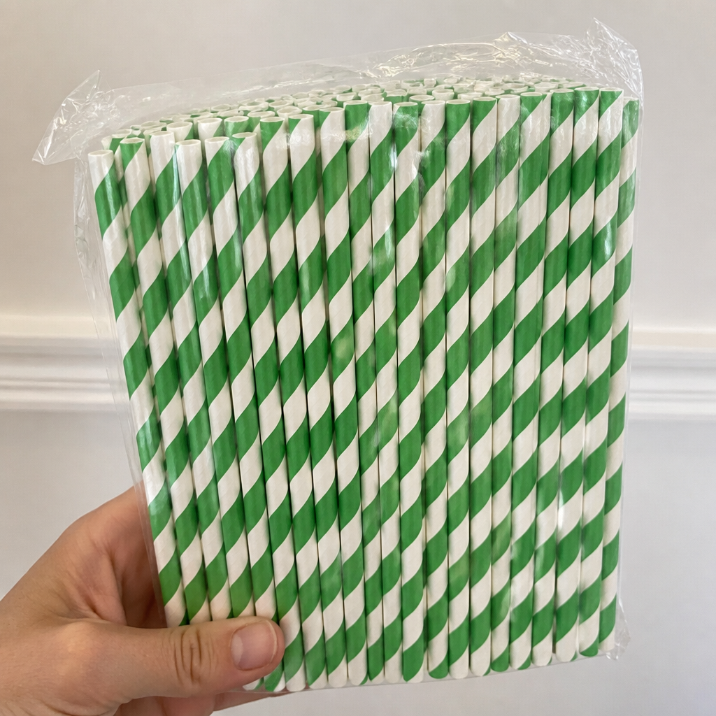 Compostable Paper Straws Green Stripes 250 Pack