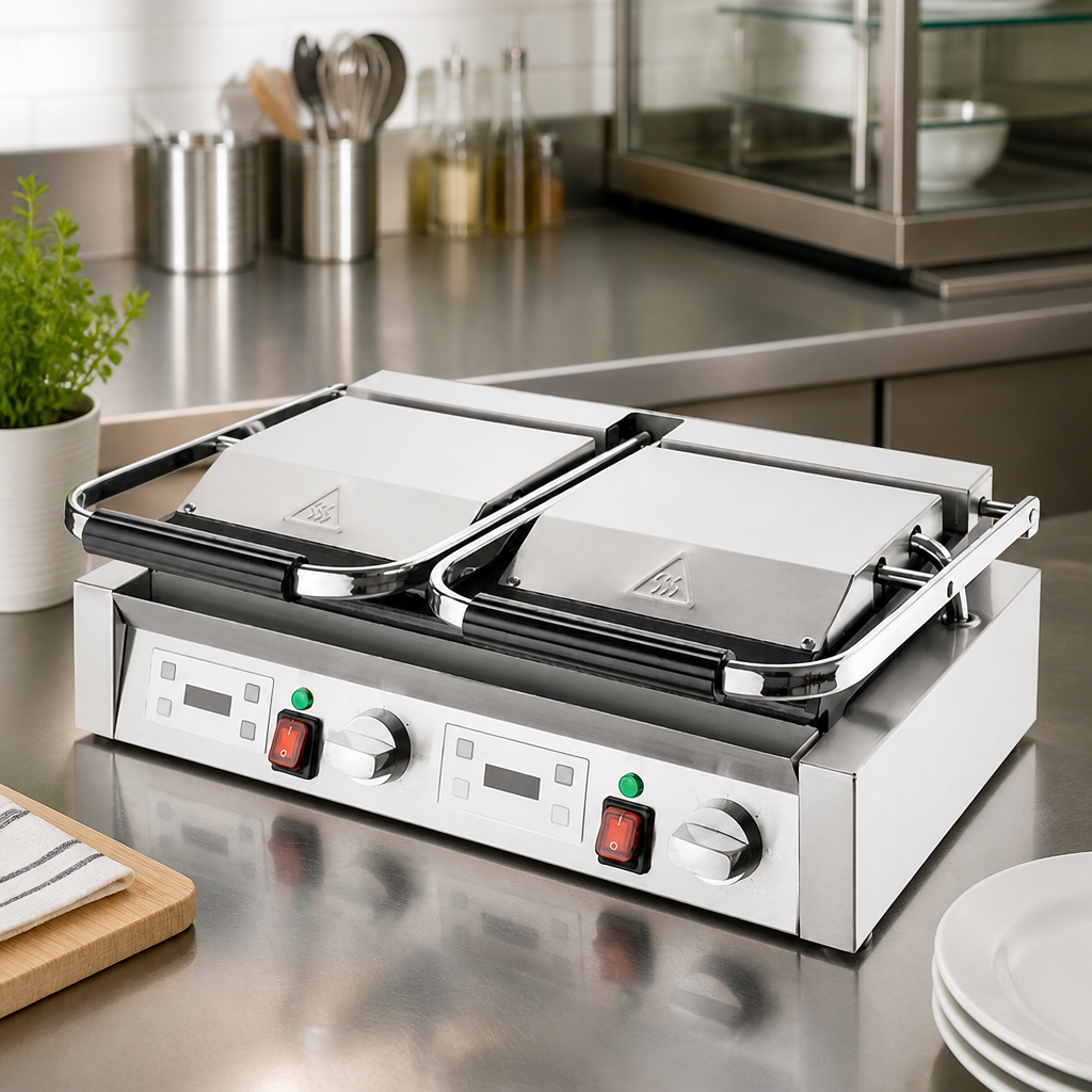 Commercial Double Contact Grill Flat Base Ribbed Top Plate