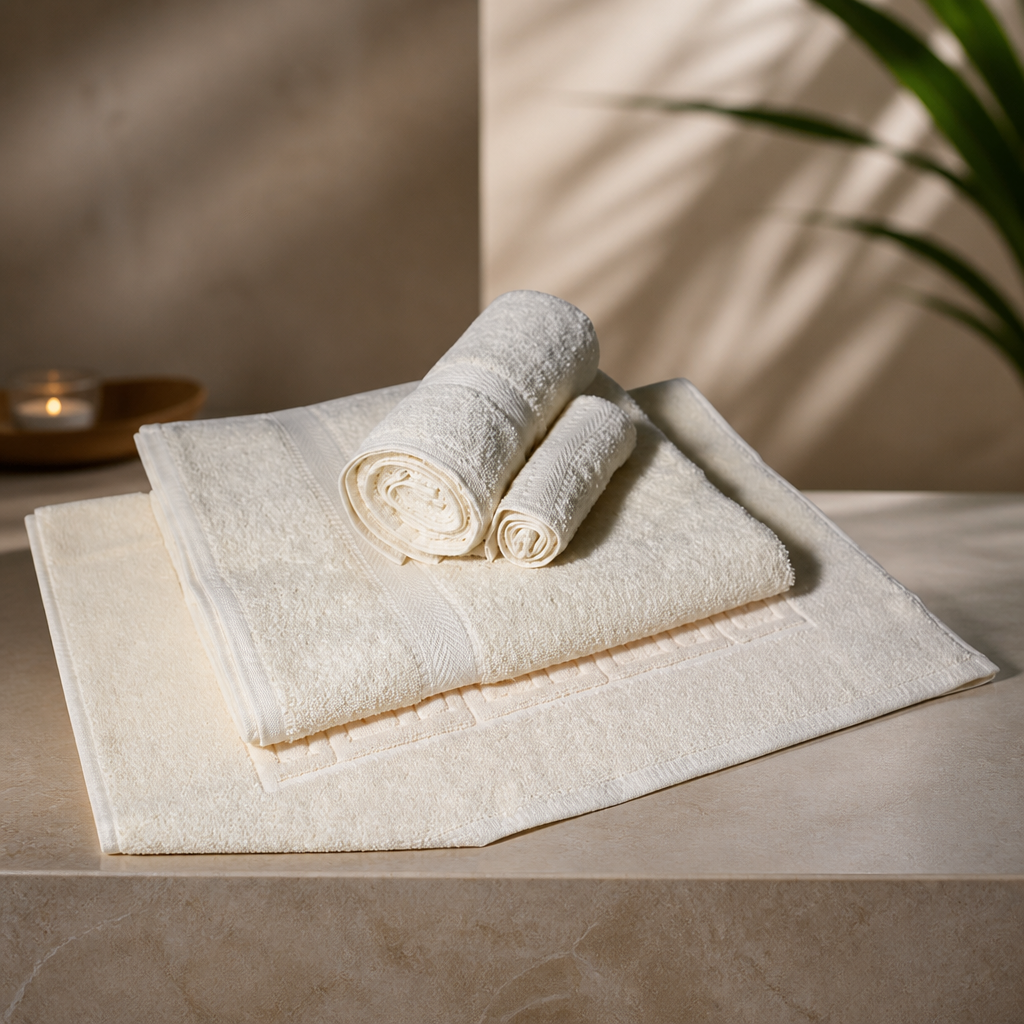 Commercial Spa Towel Set Cream including bath, hand, face towels and mat.