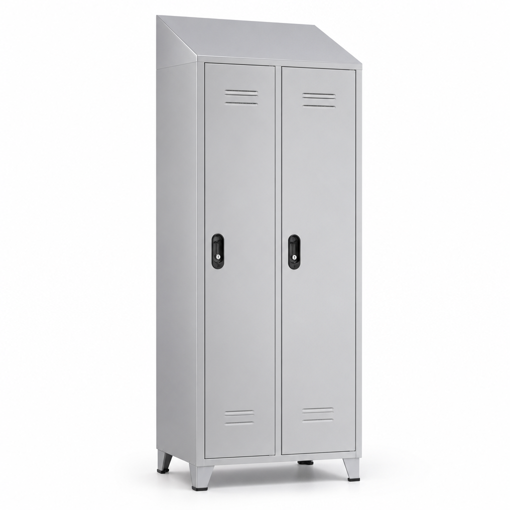 2 Door Metal Storage Lockers with Sloping Top and Antibacterial Finish