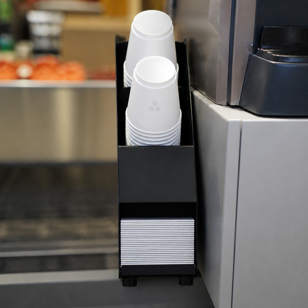 Black metal commercial cup dispenser for self-service areas