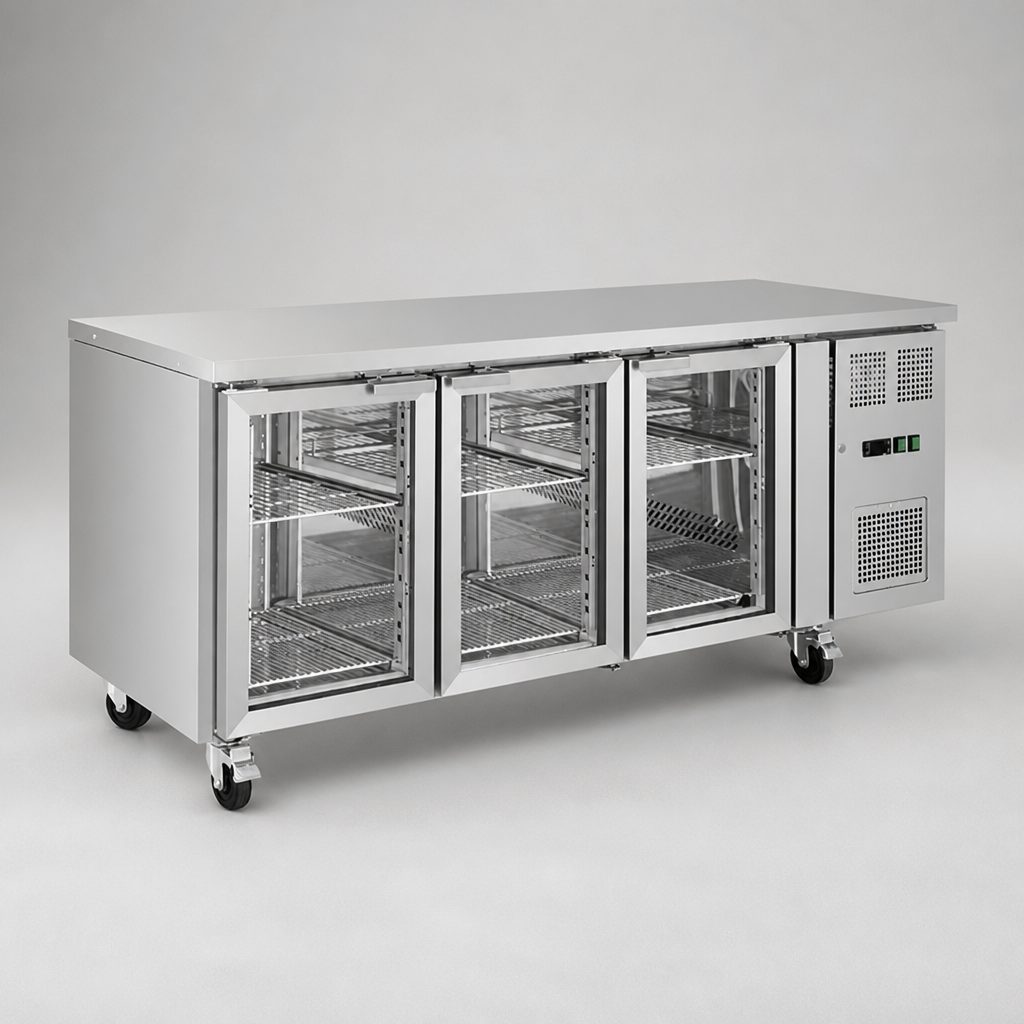 Commercial 3 Door Counter Fridge with Glass Doors 465Ltr