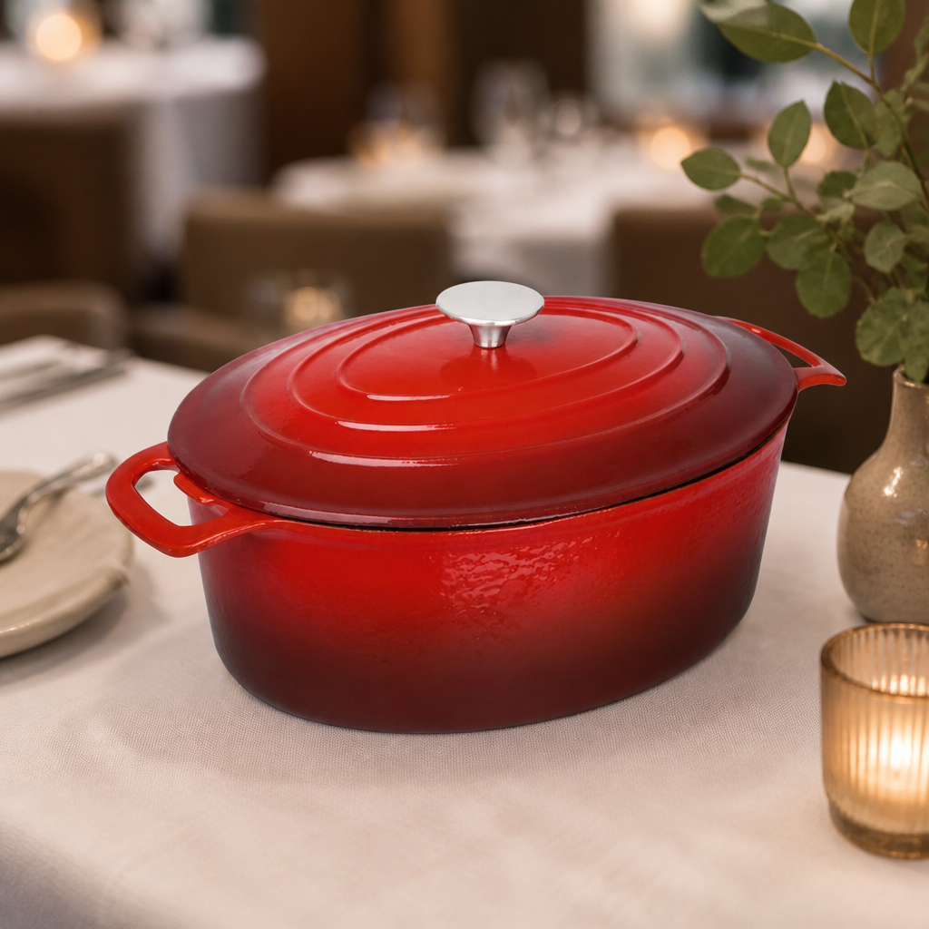 6Ltr Commercial Oval Cast Iron Casserole Dish in Red
