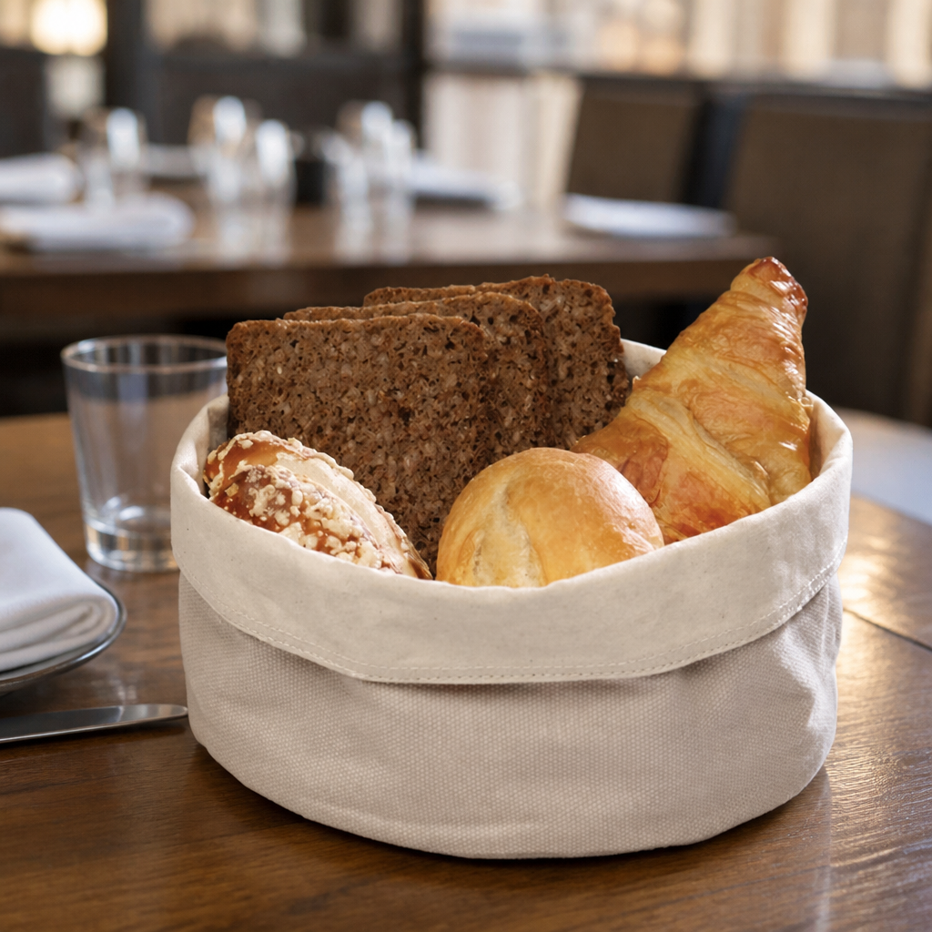 Large round canvas bread basket for tabletop use