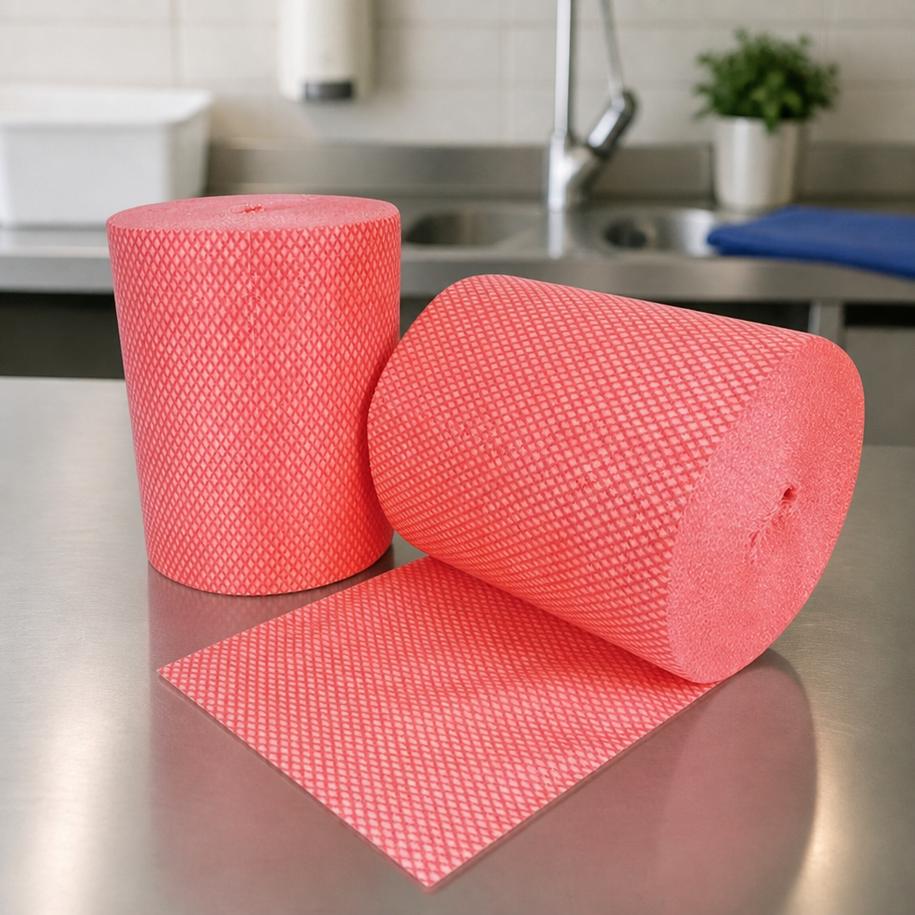 Commercial Antibacterial Cleaning Cloths Red Roll of 2 x 500