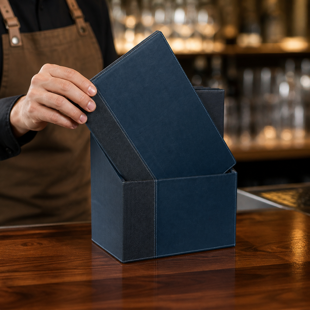 20 Pack Blue Commercial Menu Covers with Storage Box